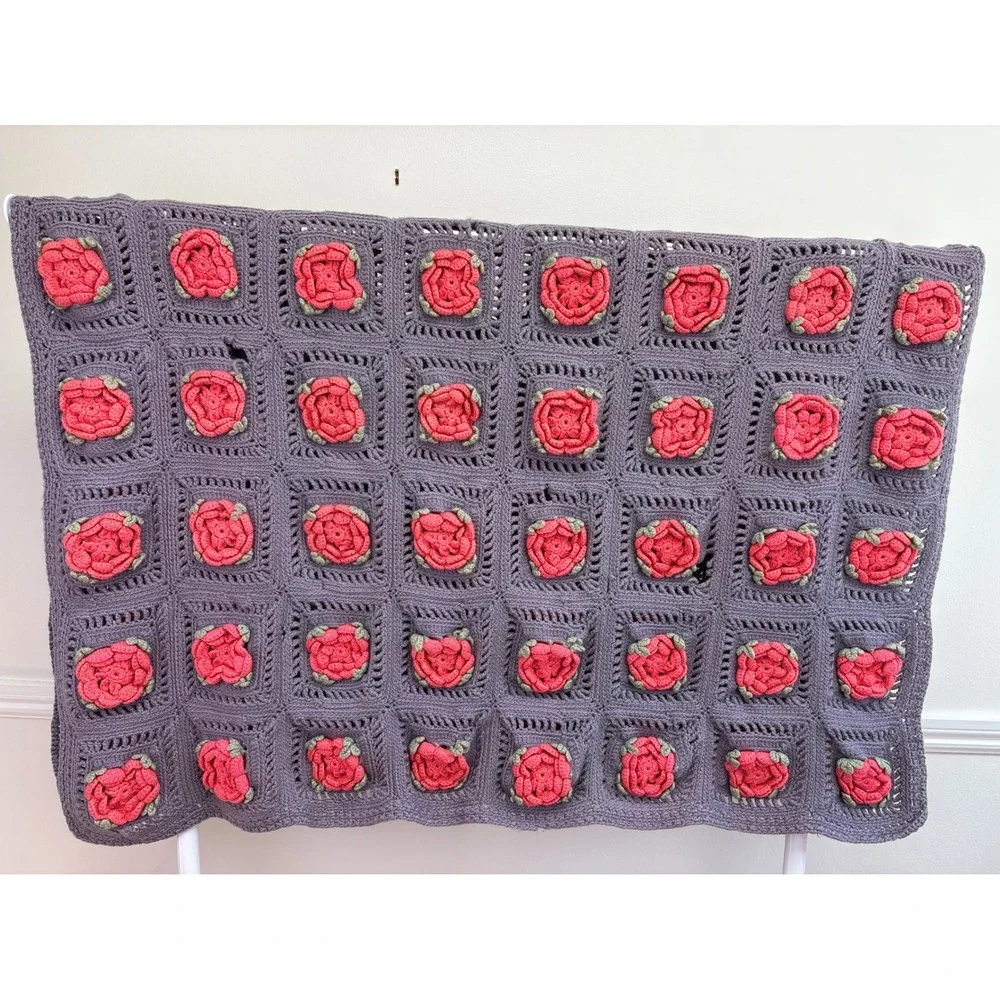 FLAWED Crochet Granny Square Blanket Purple 3D Pink Roses Handmade Cottagecore